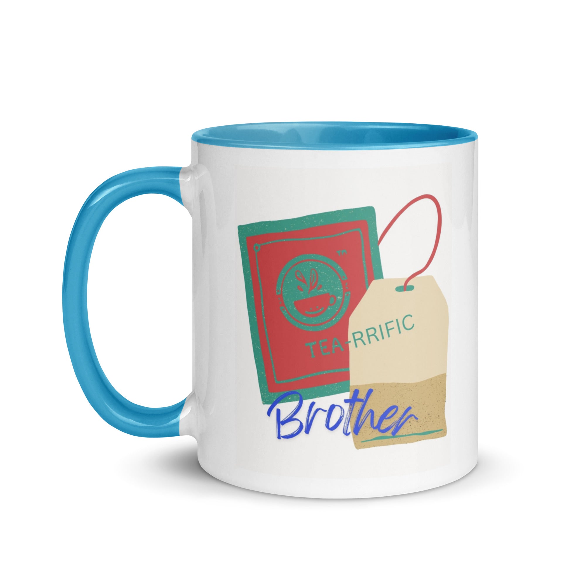 Mug with blue handle and interior, featuring tea bag graphics and "TEA-RIFFIC Brother" text on a white background.