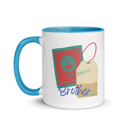 Mug with blue handle and interior, featuring tea bag graphics and "TEA-RIFFIC Brother" text on a white background.
