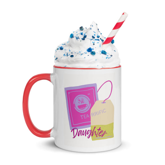 Mug with a unique design of a tea bag and "TEA-RIFFIC Daughter" text, resembling a milkshake with whipped cream and a straw.