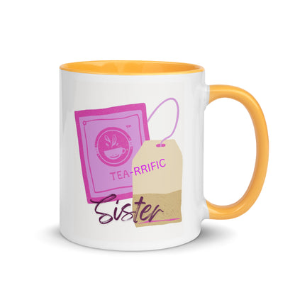 Tea-riffic Sister ceramic mug with colourful handle, rim and interior. Unique tea lover design.