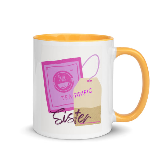 Tea-riffic Sister ceramic mug with colourful handle, rim and interior. Unique tea lover design.